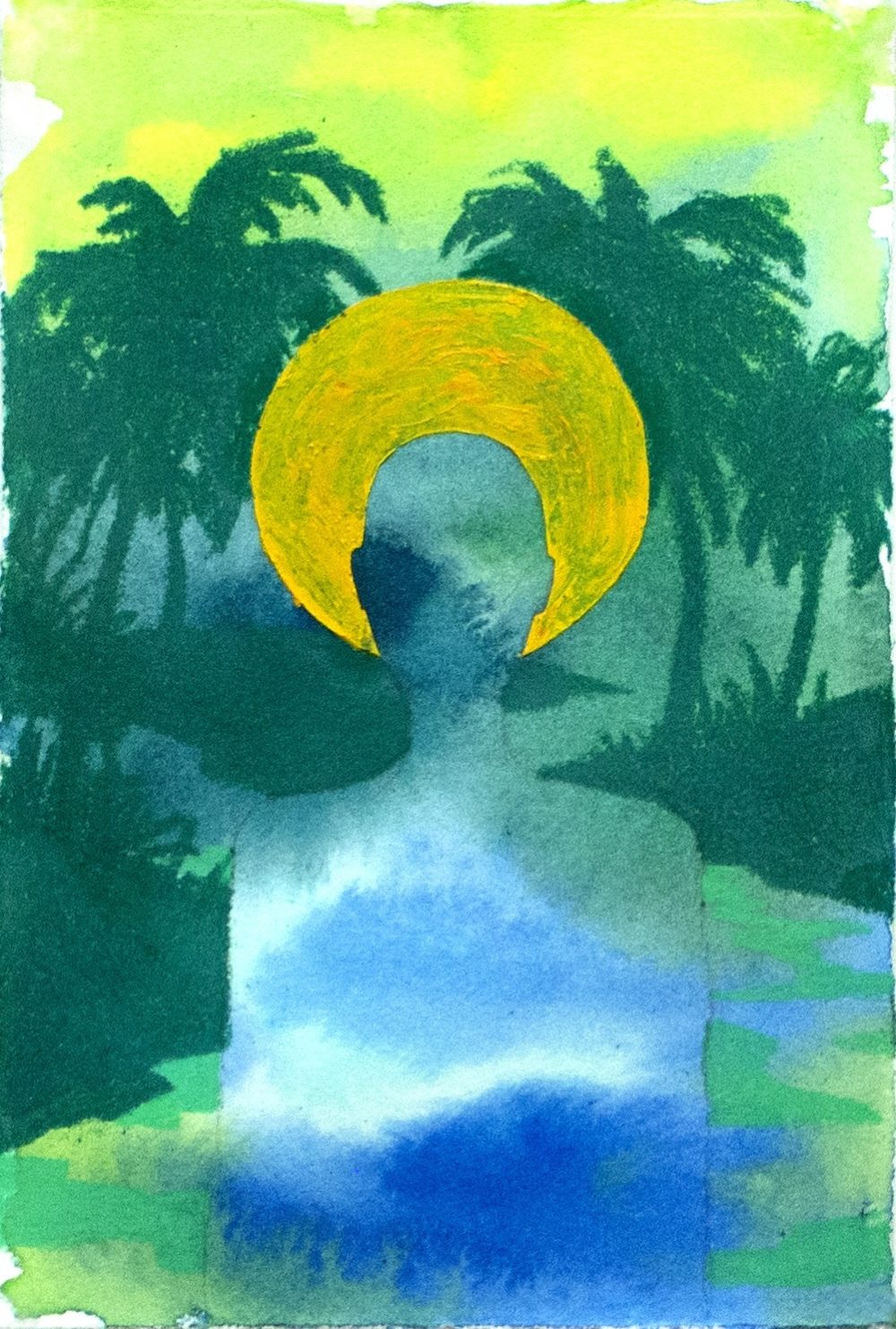 Silhouette of a person's torso and head with a golden halo around the head and palm trees in the background.