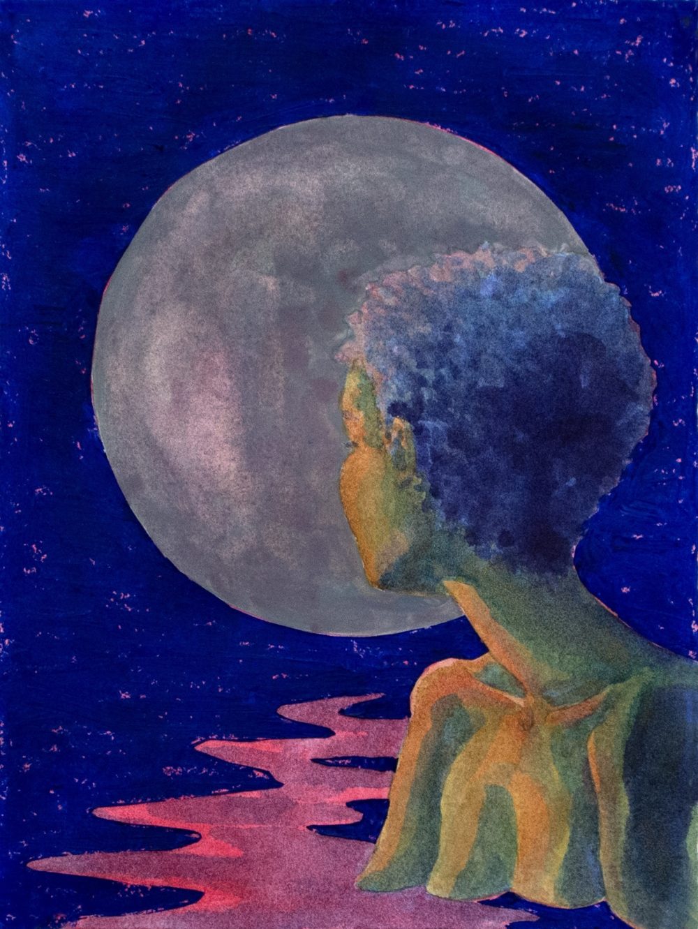 The bust of a person looking back towards a moon against a dark blue background.