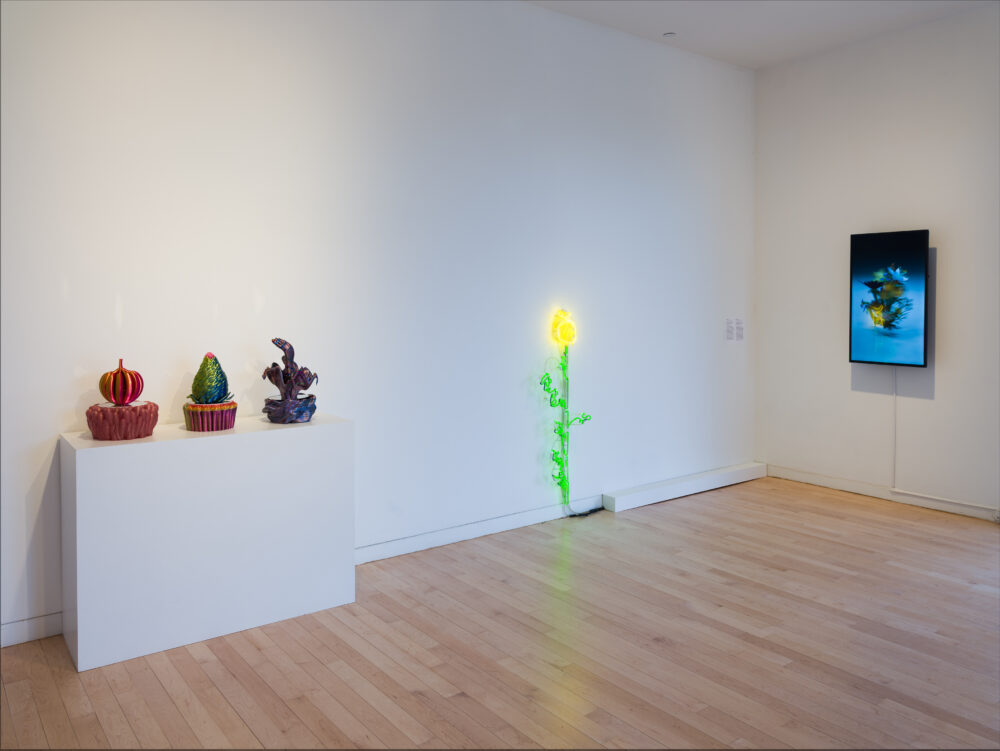 Installation image of an art gallery displaying multiple kinetic sculptures.