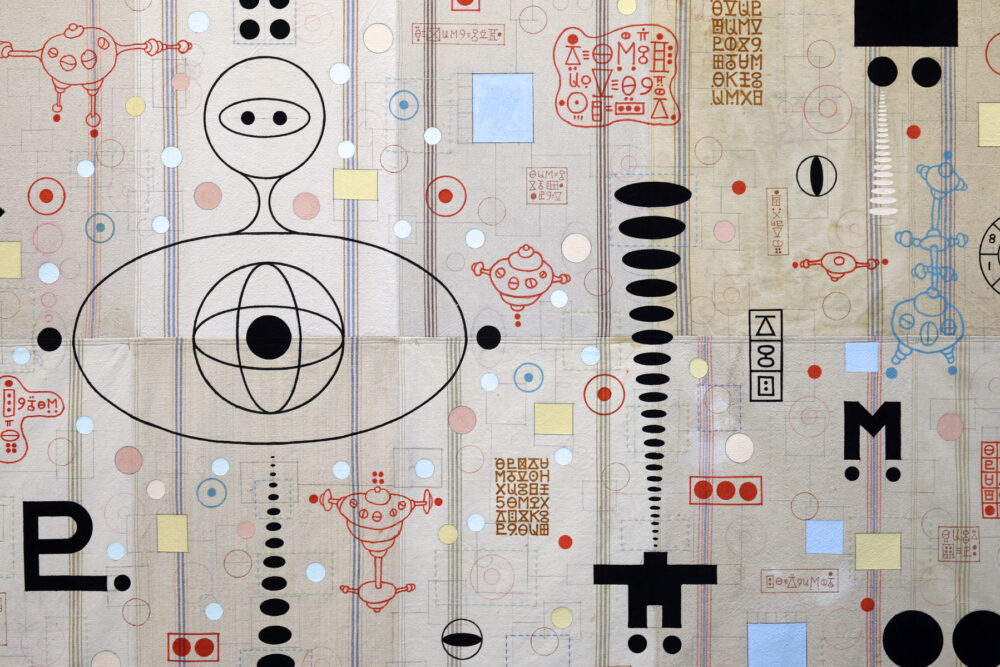 Otherworldly abstract painting and symbols appear on top of vintage cloth background.