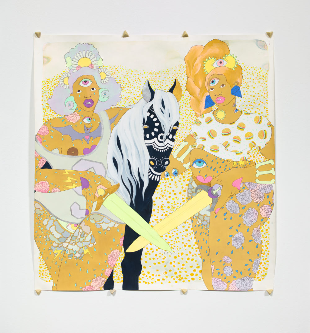 Two figures holding swords and a black horse in between them.