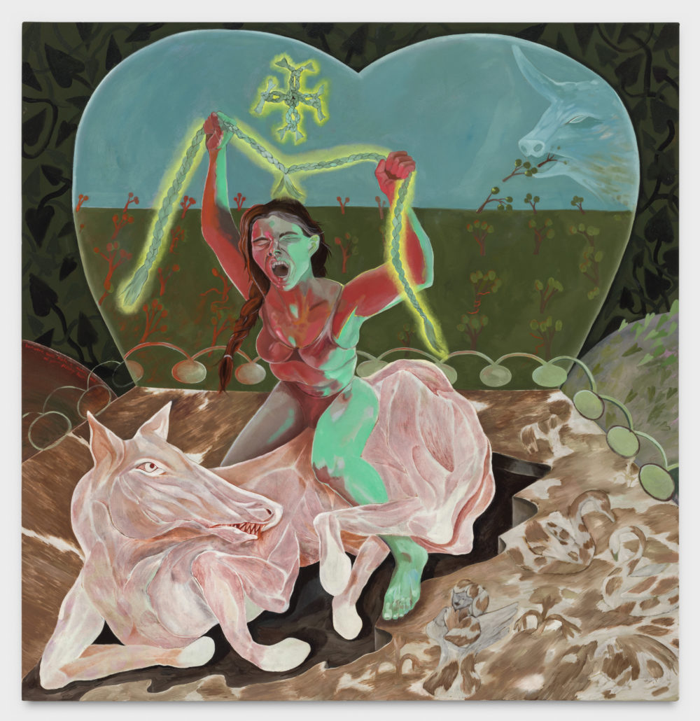 Painting of a person with their eyes closed and mouth open holding glowing braids over their head sitting astrid a pink animal form.