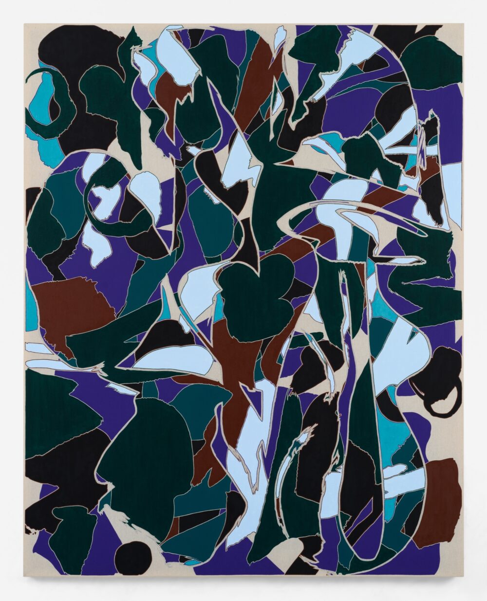 Darkly colored purple, green, and brown abstract painting.