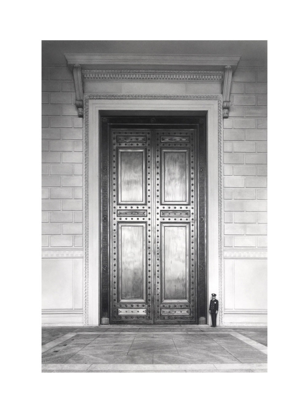 Drawing of a guard in front of the door to the National Archives.