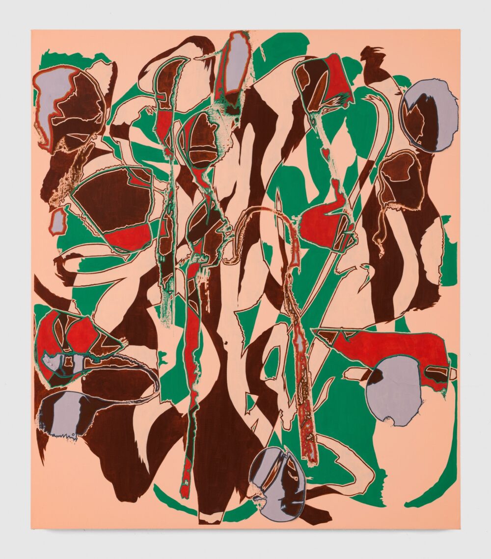 Beige, red, and green abstract painting.