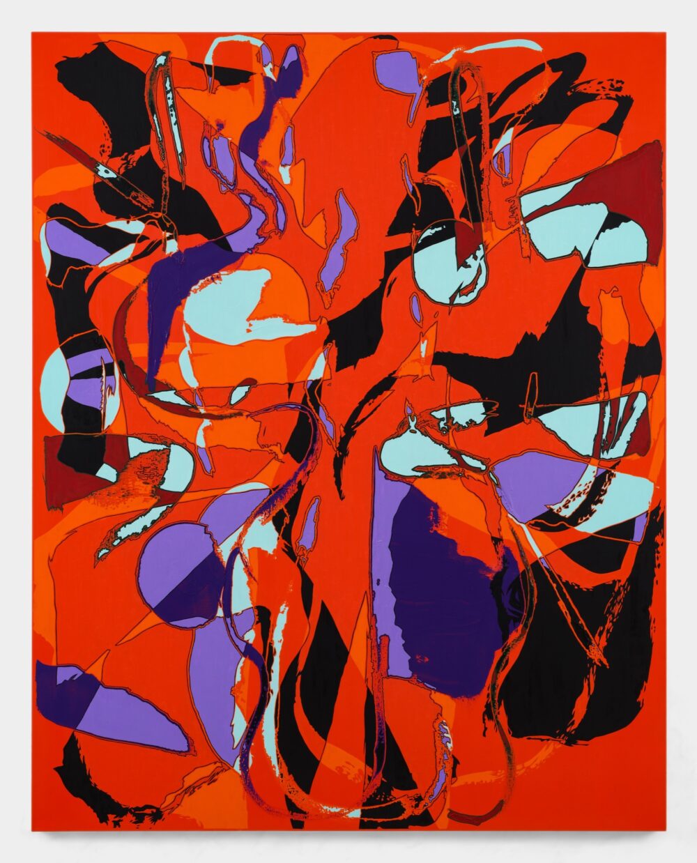 Mostly red abstract painting with some purple and aquamarine.