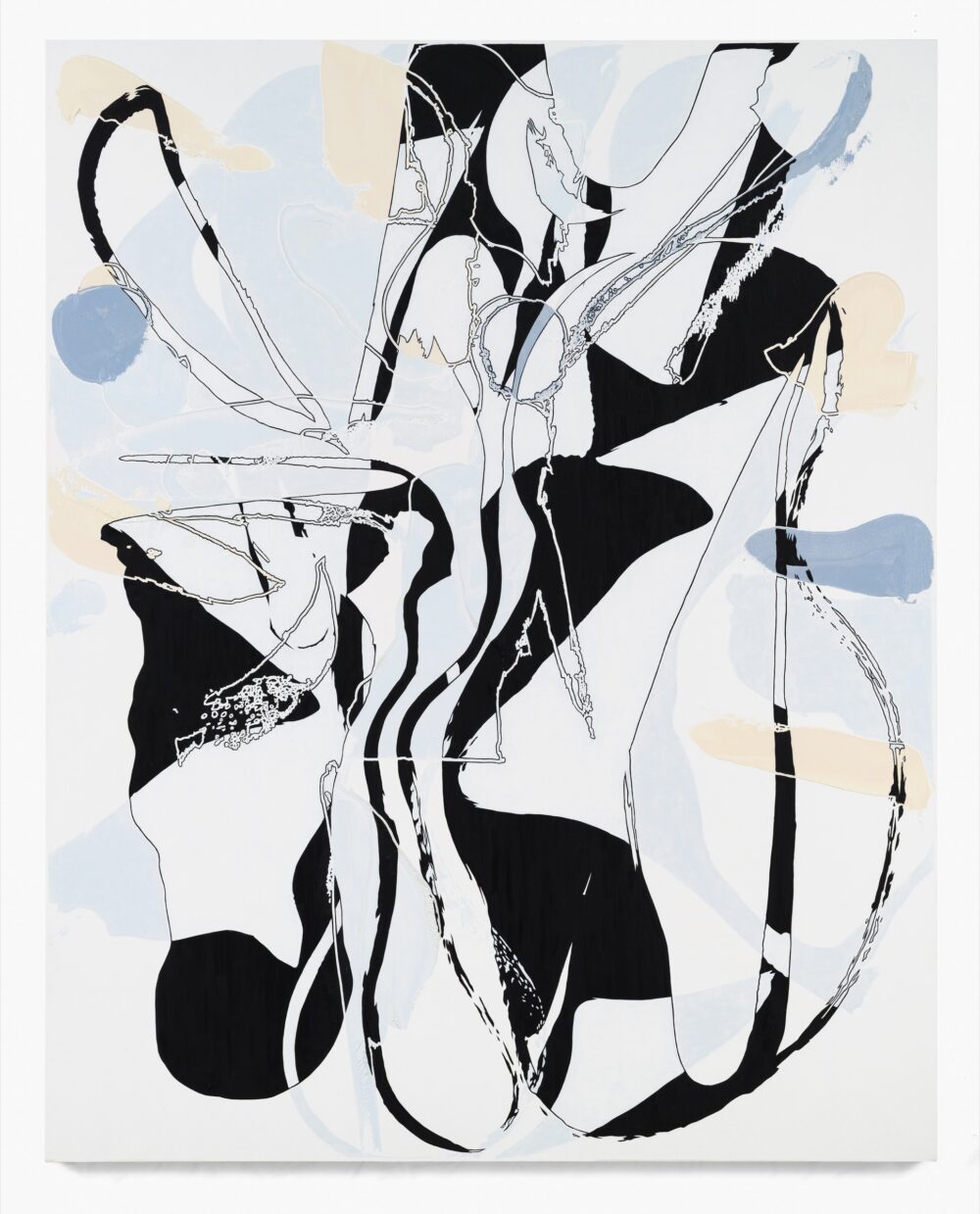 White, black, and beige abstract painting.