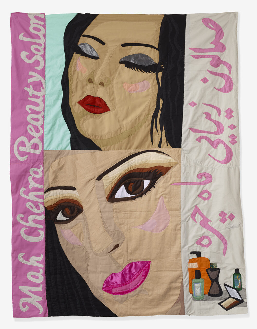 Textile work with two women's faces.