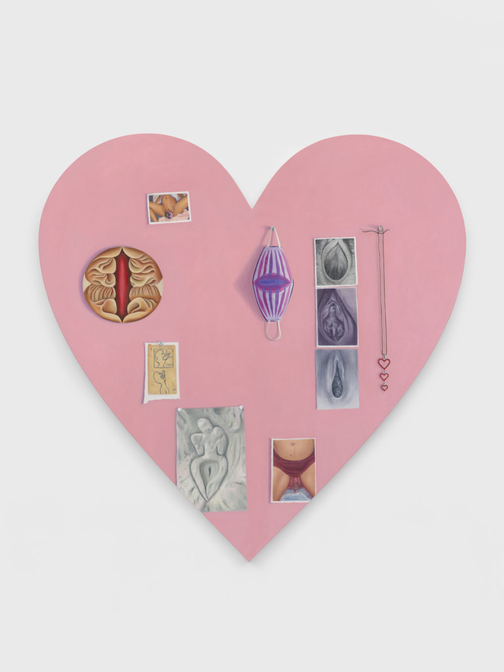 Pink heart-shaped canvas with images of crowning and art historical reference images.