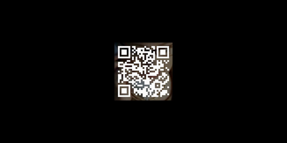 A white QR code over a square image of a close-up shot of a woman with glasses on the phone surrounded by a black background.