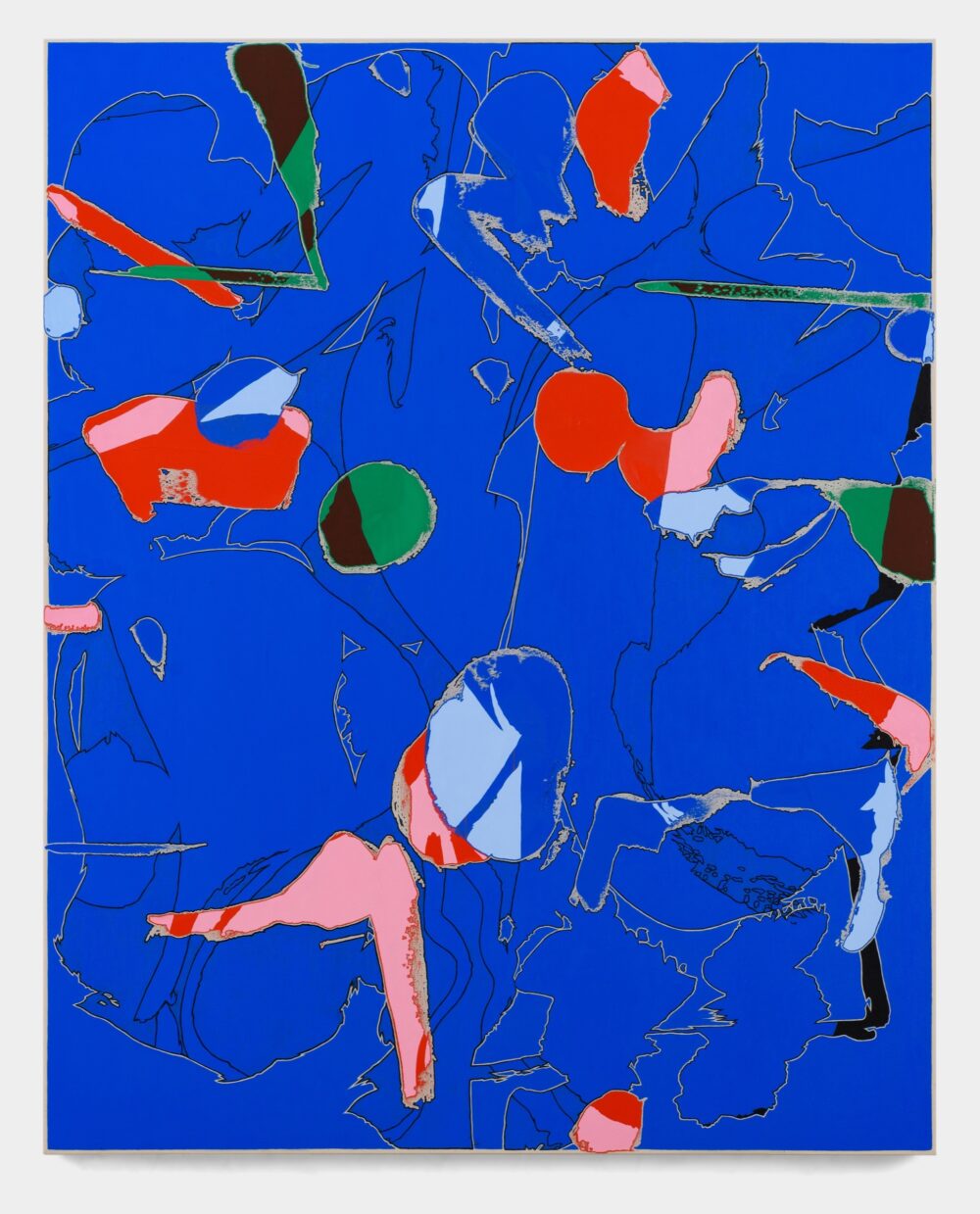 Mostly blue abstract painting with some red