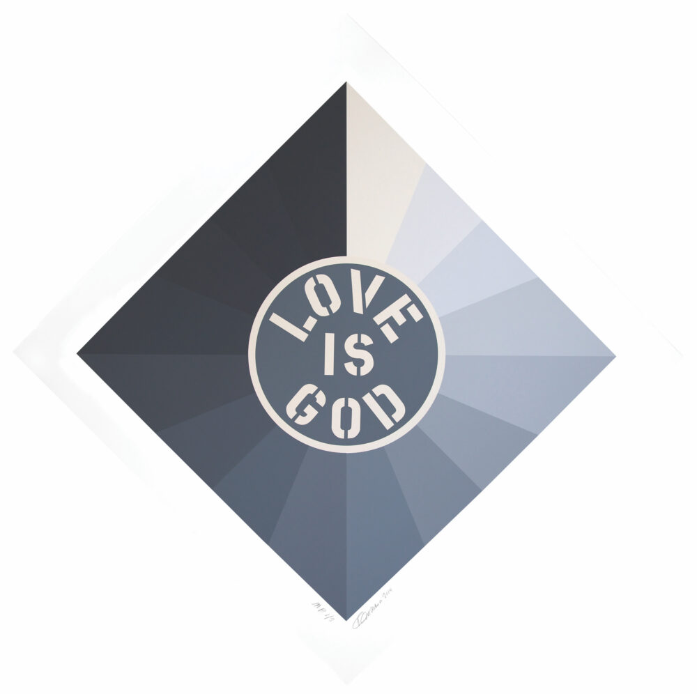 a 68 by 68 inch diamond shaped grisaille canvas with a gray circle with a white outline in the center Love Is God is painted in white letters within the circle.