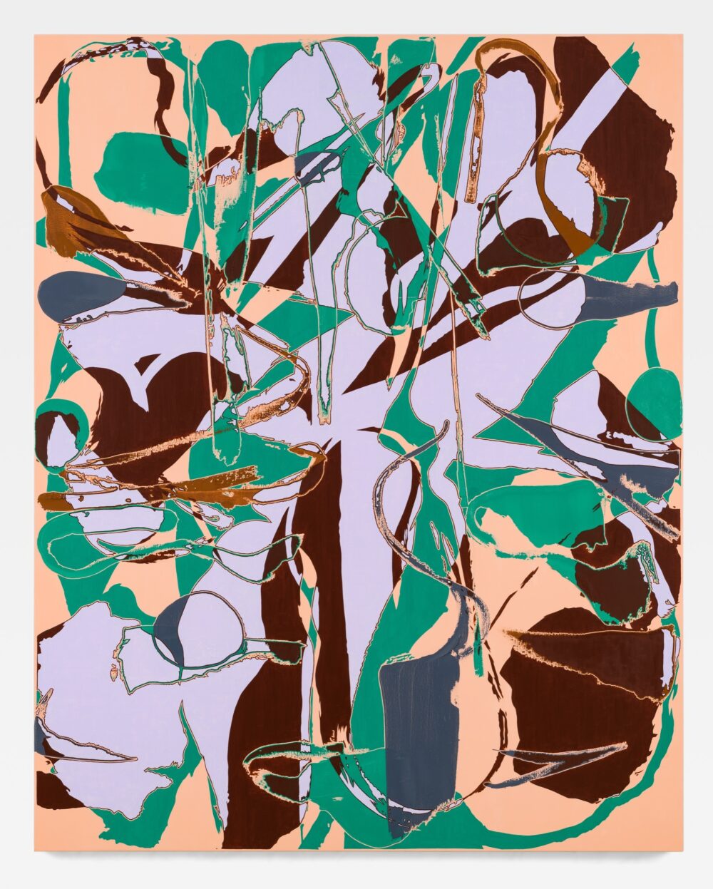 Beige, periwinkle, green, and brown abstract painting.