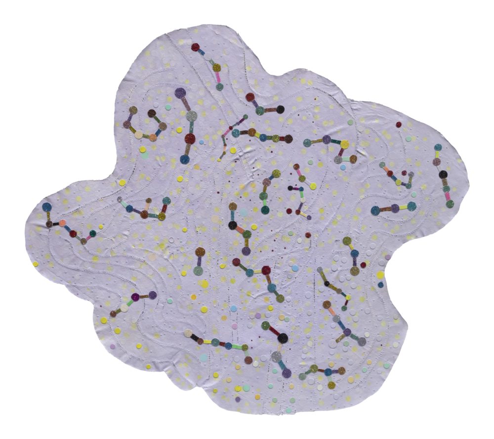 Abstract lavender shape with colored dots linked by colored bars peppering the surface.