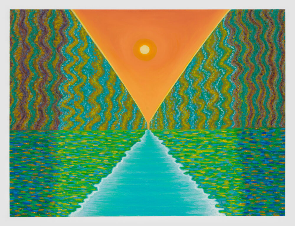 Water and orange sky meet at center of the page with forest on either side.