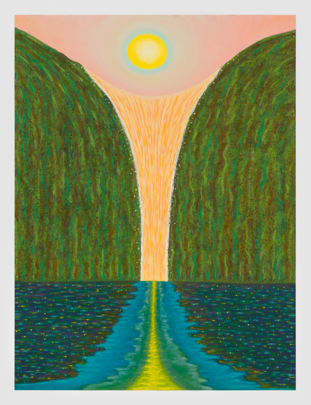 Landscape with water in the foreground and a pink sky in the background and forest to either side.