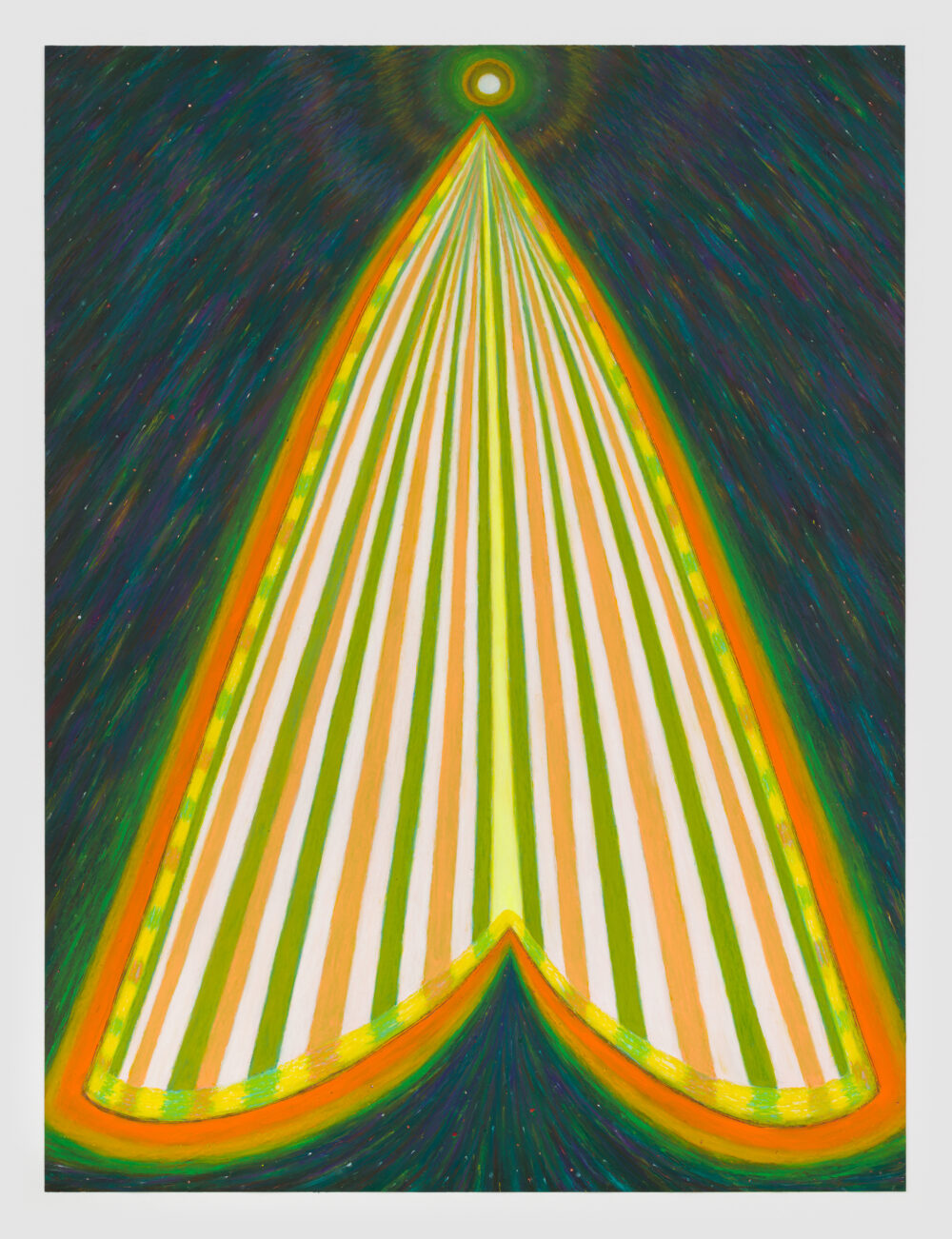 A striped triangular form pointing towards a glowing orb in space.