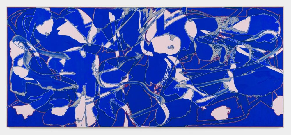 Mostly blue panoramic abstract painting.