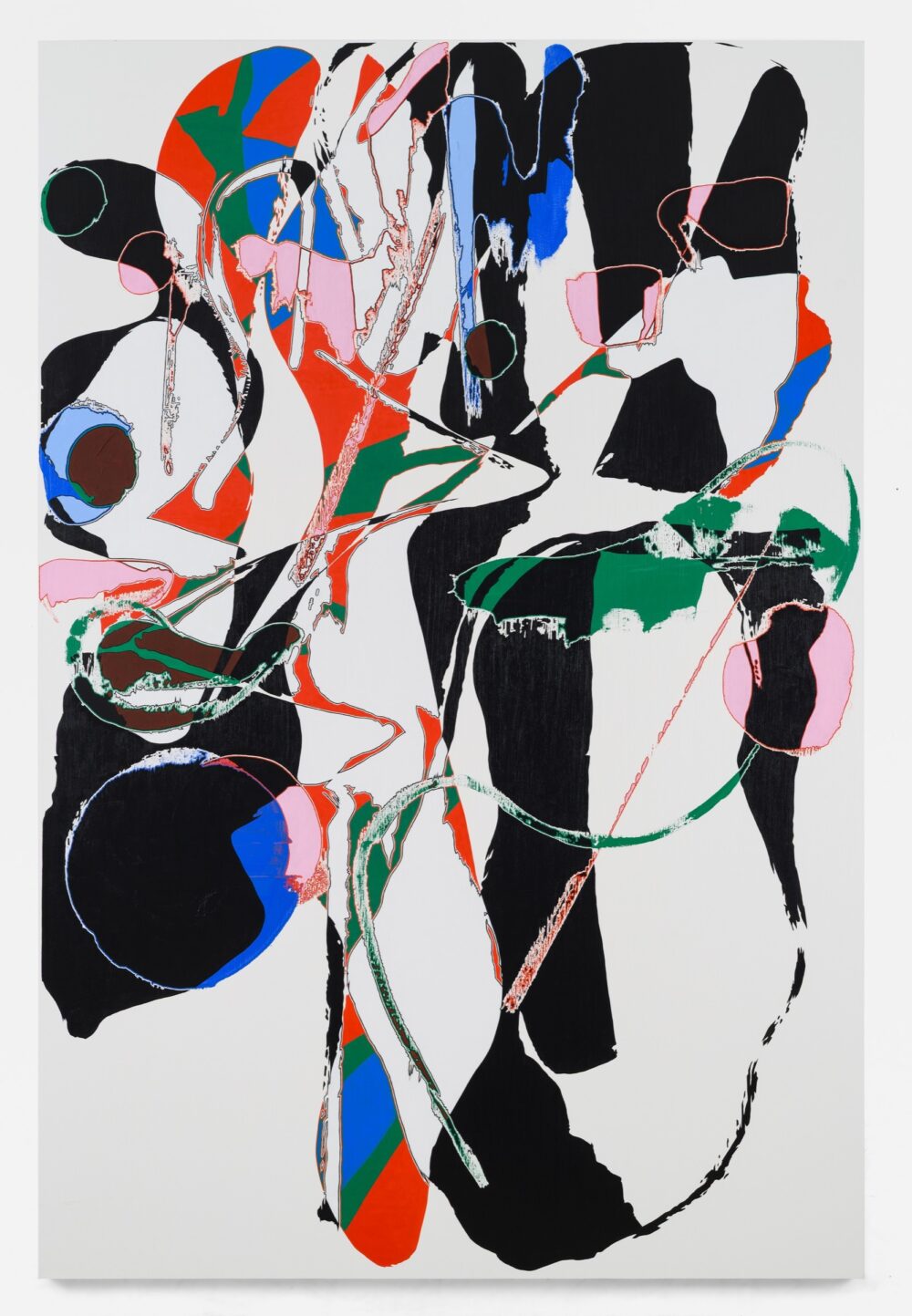 White, red, green, blue, and black abstract painting.