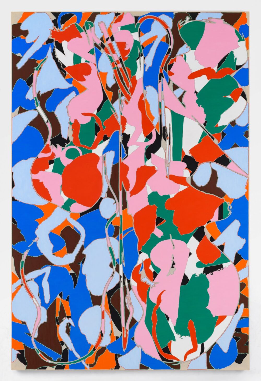 Blue, periwinkle, pink, red, brown, orange, white, black abstract painting.