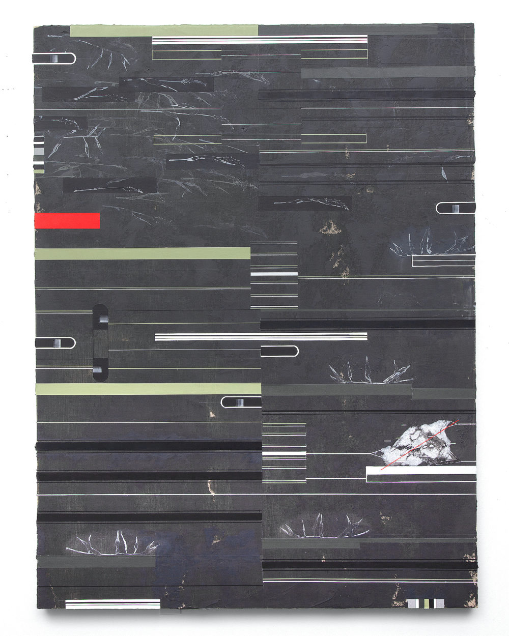 Dark abstract panting with horizontal lines and bands of color, especially red and light green.