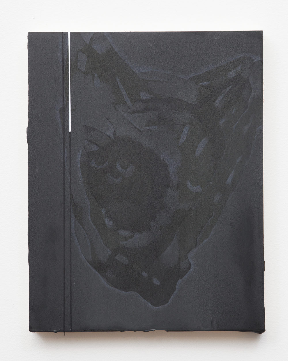 Dark gray tonal painting with animal-like features.