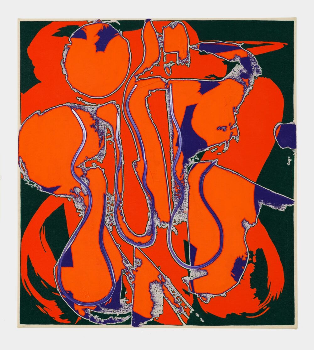 Red, forest green, and dark purple abstract painting.