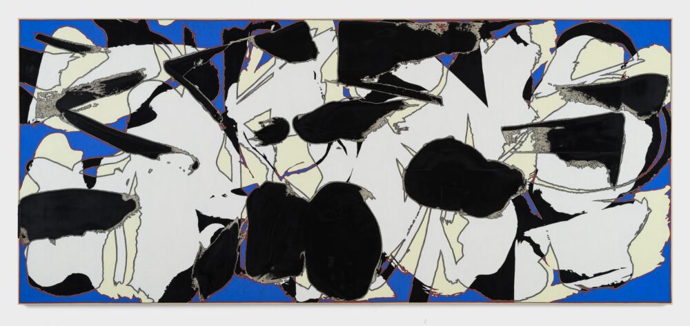 Mostly black, blue, and white abstract painting.