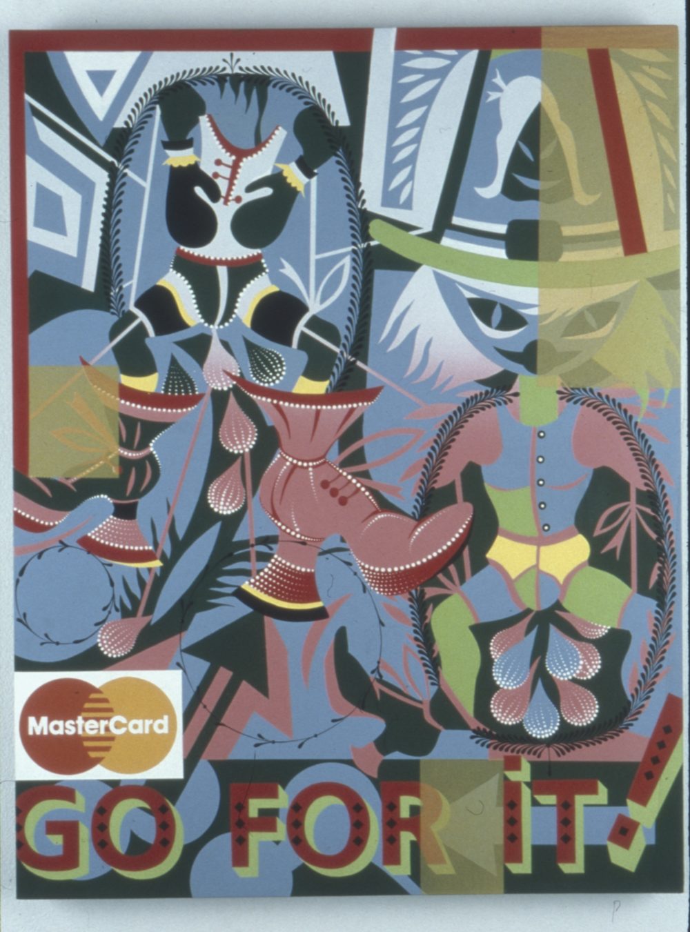 This is a photograph of one of the works in the Pop Surrealism exhibition which features a large "Go For It!" slogan at the bottom