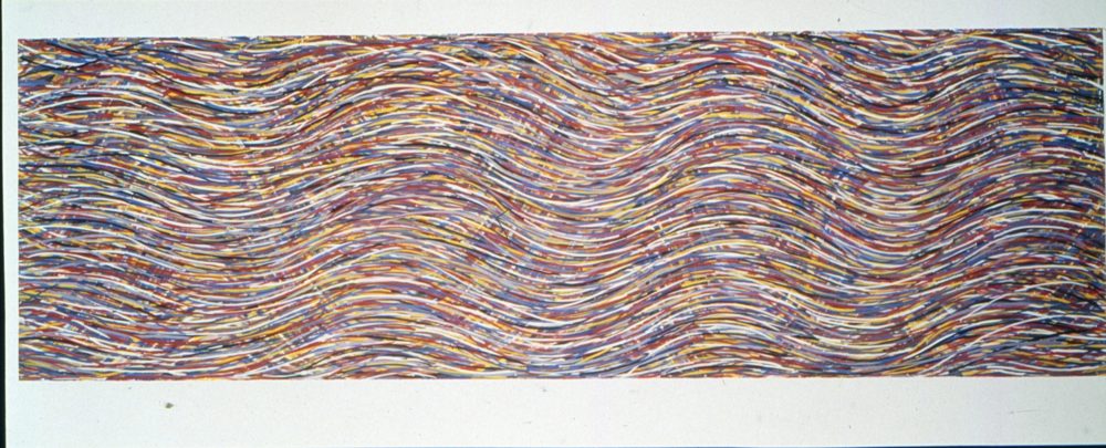 A piece by Sol LeWitt, wavy brushstrokes in a many various colors