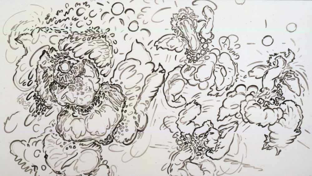 A drawing by Melissa Marks which features outlines and sketches of flower-like forms on a white background