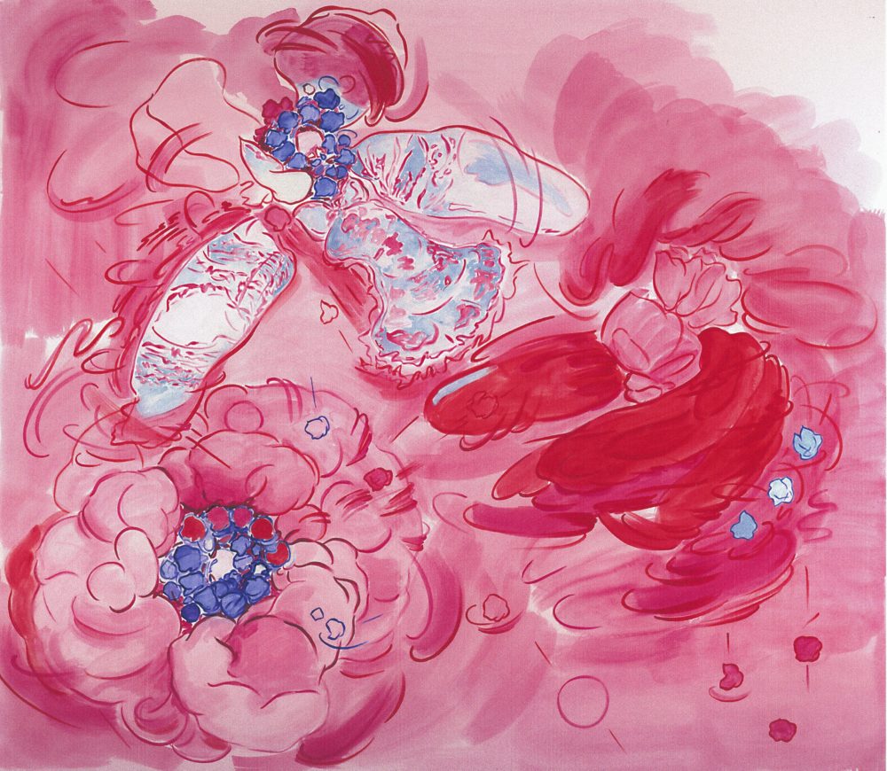 This is a piece by Melissa Marks which features flower-like figures, sketched loosely on a bright pink background with subtle hues of blue