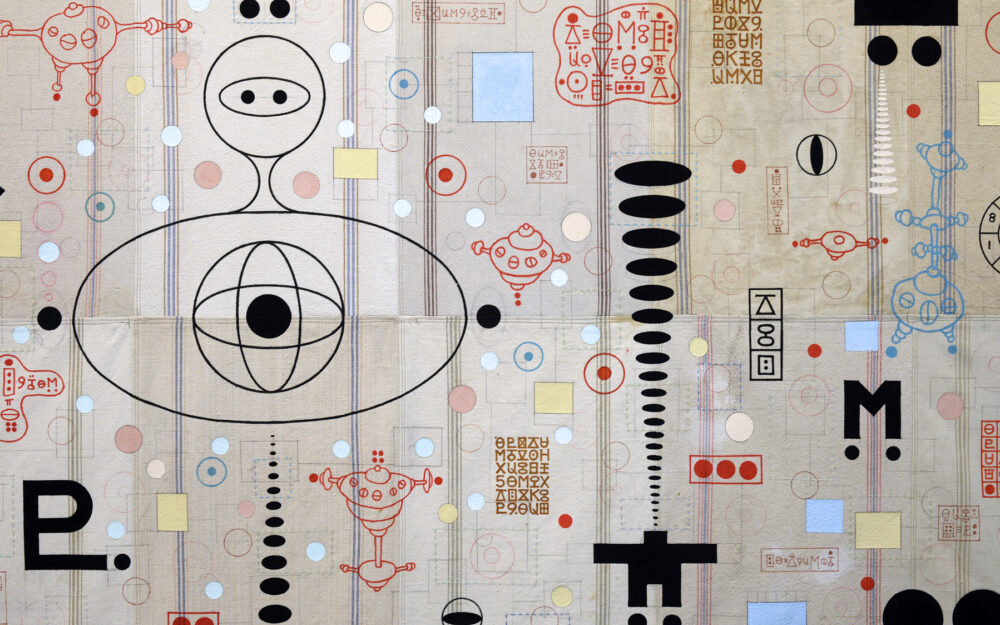 Otherworldly abstract painting and symbols appear on top of vintage cloth background.