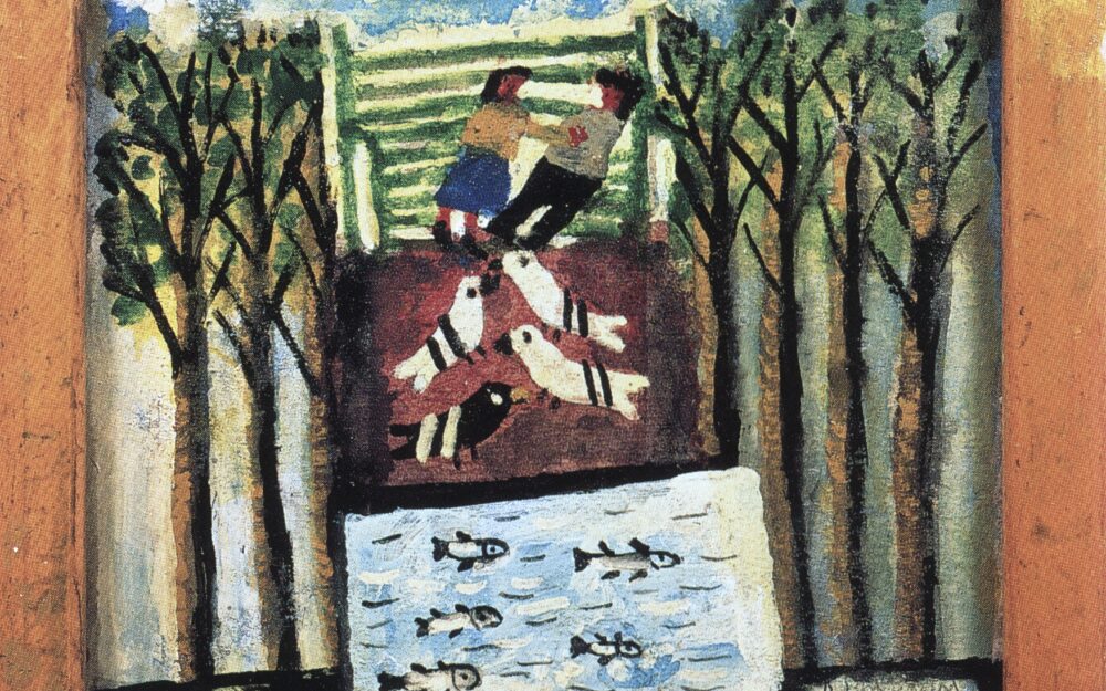 two people in park surrounded by trees and birds, small body of water in front of them