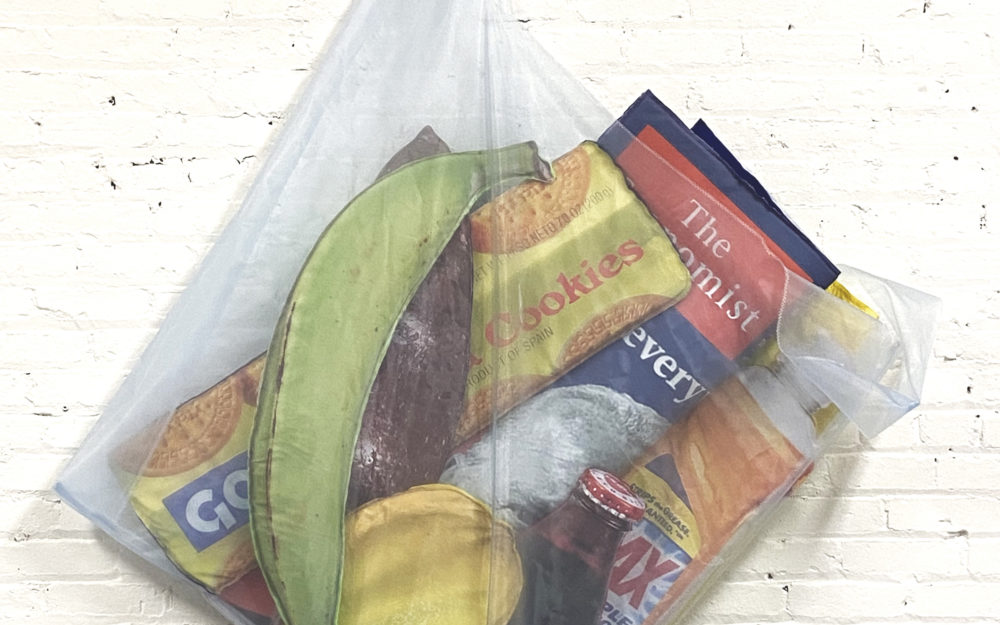 Large mesh bag hangs from a white wall