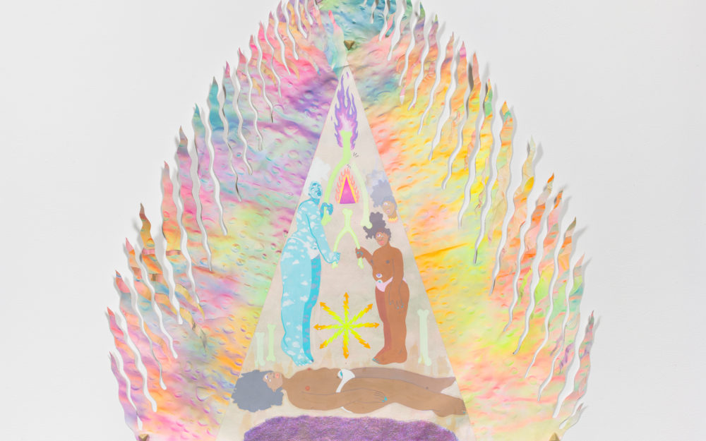 Three figures at the center of a colorful cut paper work with the edges shaped like flames.