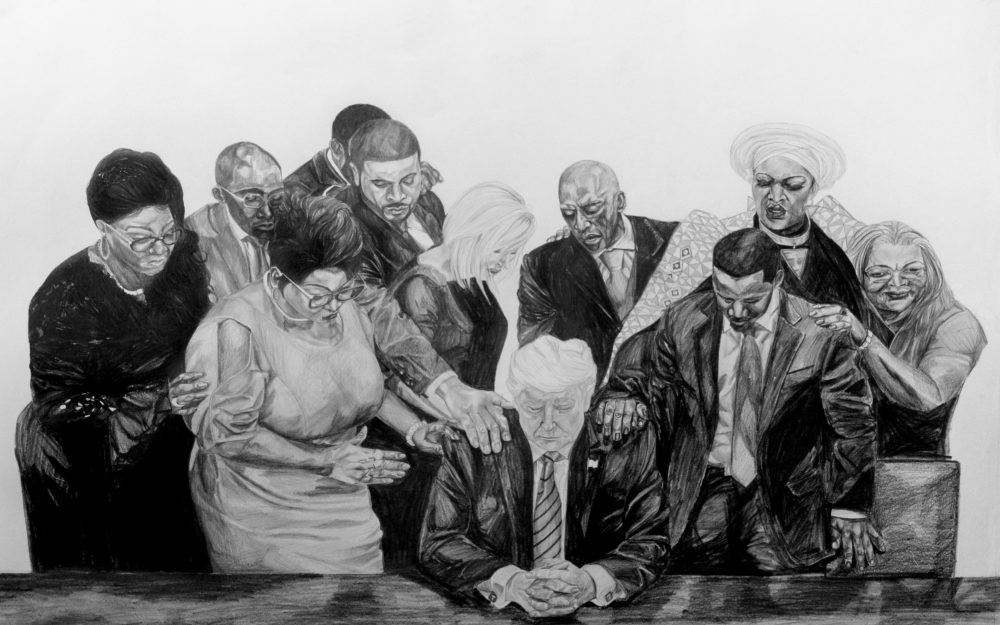 Drawing of faith healers and Donald Trump.