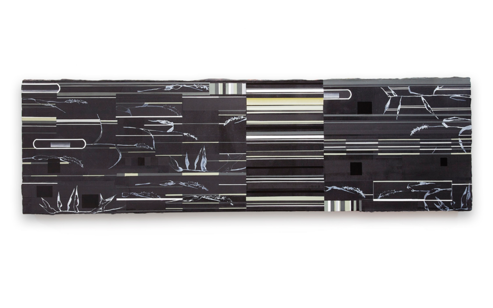 Abstract horizontal black and white painting.