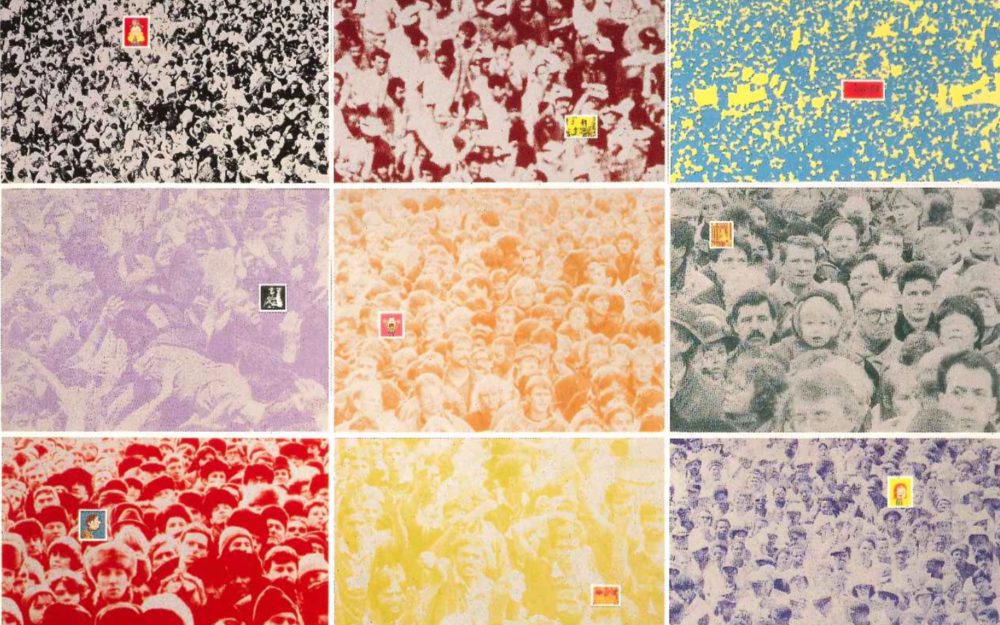 Nine colorful prints of crowds in a 3x3 grid