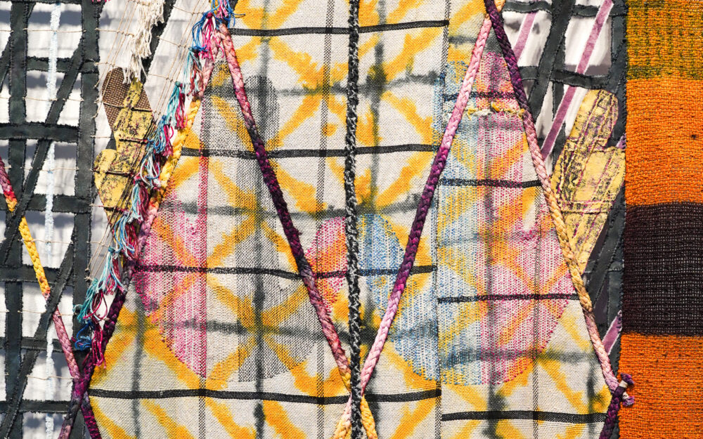 Colorful, Dyed, Woven, Braided, Tied, Hand-Sewn Monumental Tapestry by Artist Julia Bland.