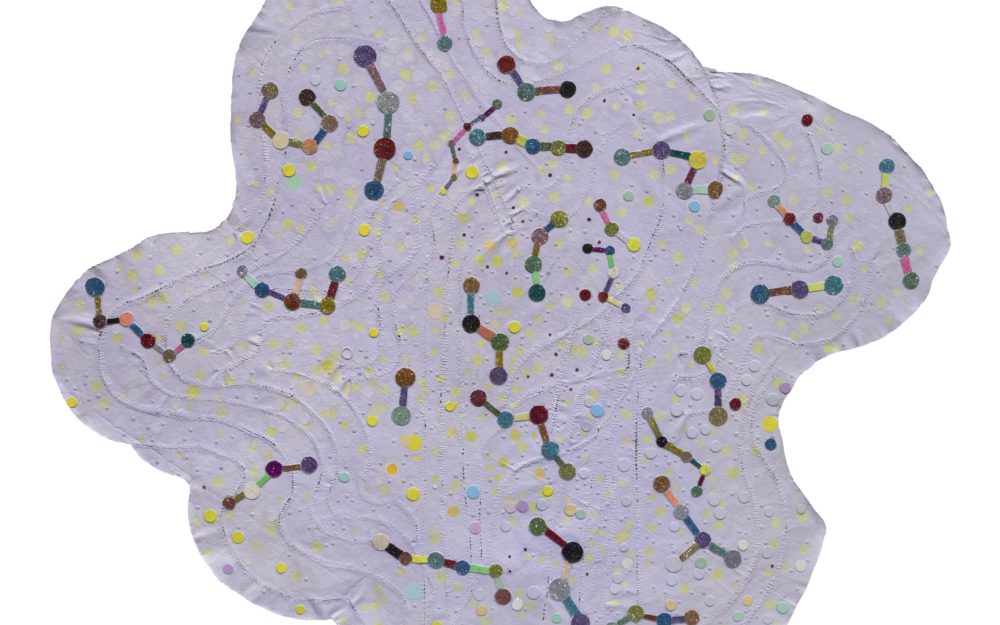 Abstract lavender shape with colored dots linked by colored bars peppering the surface.