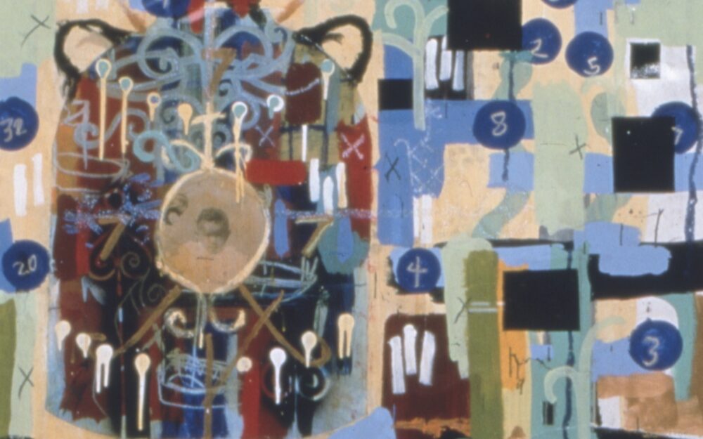 large scale collage with cool toned muted colors, blue circles with numbers inside