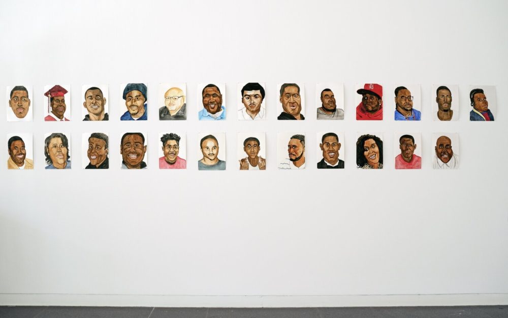 27 watercolor portraits against white wall