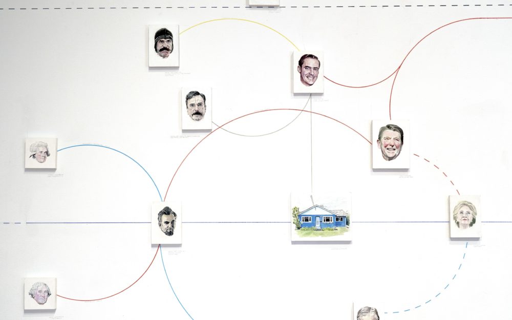 Installation image of William Powhida's wall installation showcasing portraits of politicians linked by different color lines as a timeline.