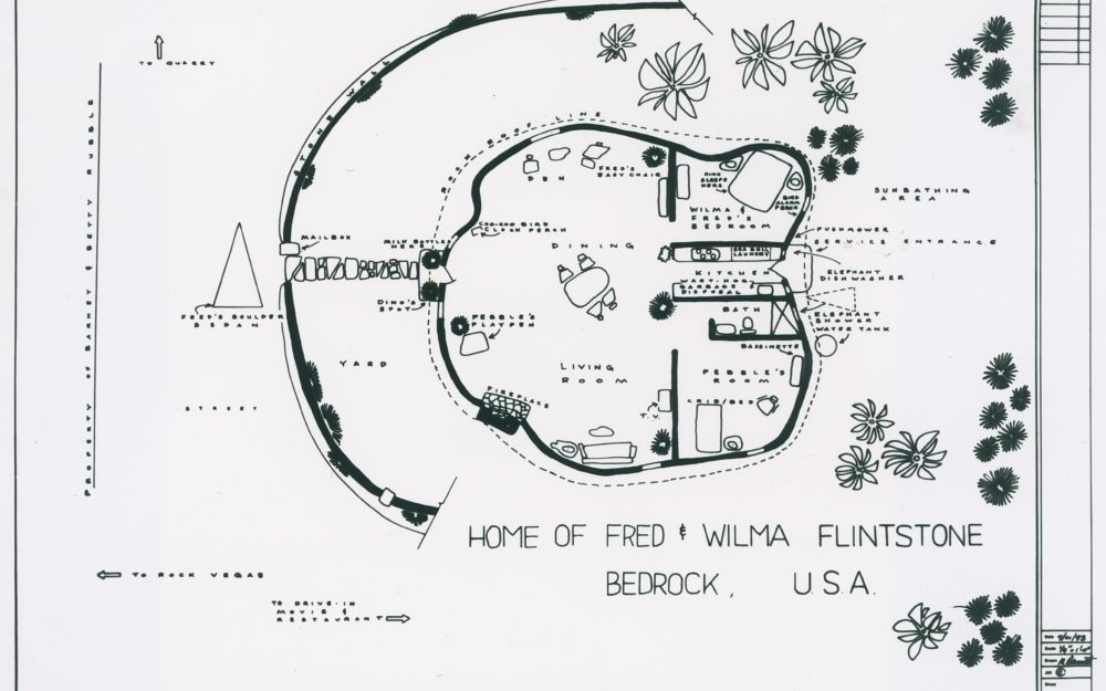 A floor plan of the fictional home of Fred and Wilma Flintstone from the cartoon "The Flintstones"