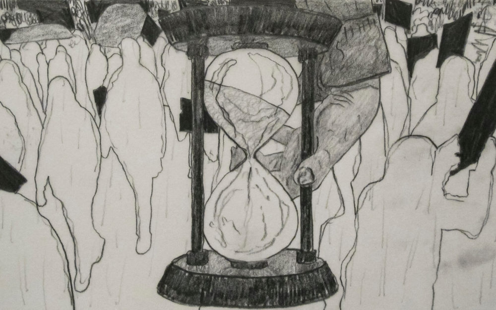 Hand holds an hour glass with figures on each side