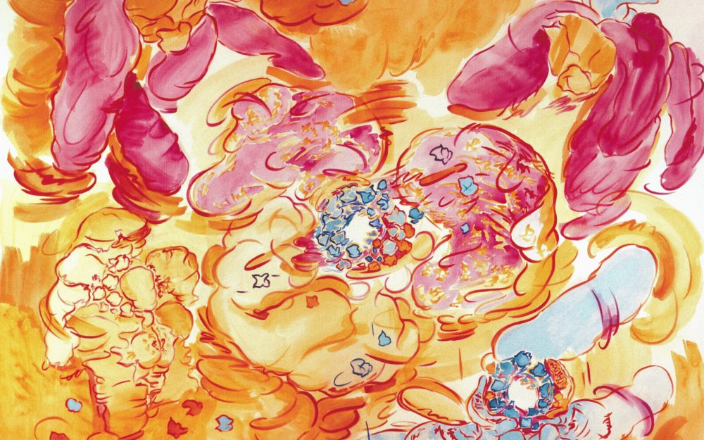 This is a piece by Melissa Marks which features her iconic flower-like characters/ forms on a bright orange background with various shades of pink, yellow, blue