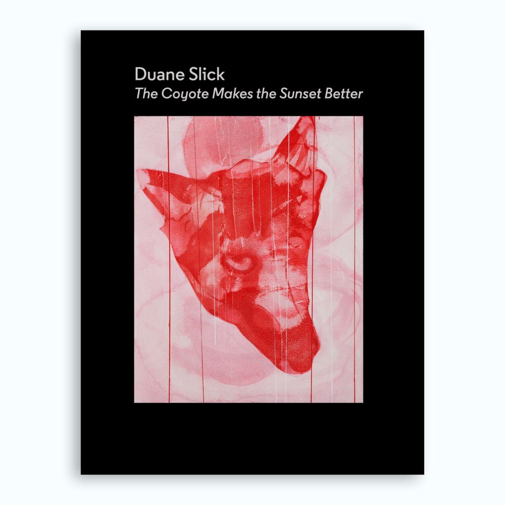 Painting of a red coyote mask layered over itself. A black border surrounds it. Text above the photo reads "Duane Slick: The Coyote Makes the Sunset Better."