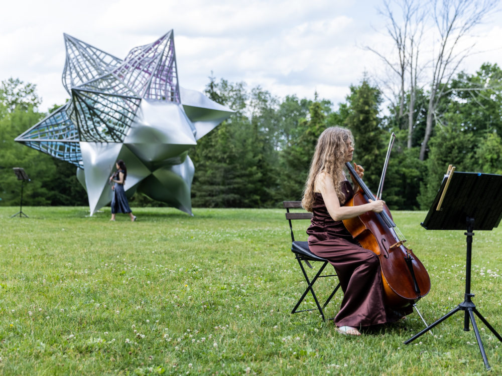 A musician performs with their back to a large star sculpture