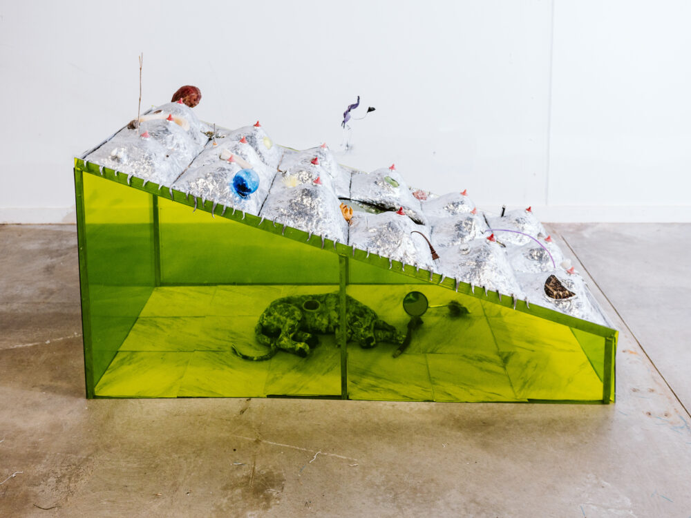 A sloping sculpture on the floor with transparent chartreuse sides revealing a dog-like figure and a silver mounded top.